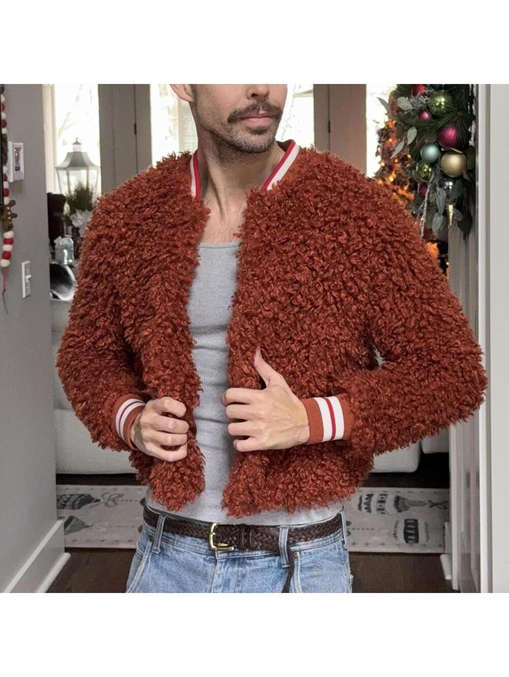 🧸 Shaggy Teddy Bomber Jacket — Rust — M (Jessica Simpson)